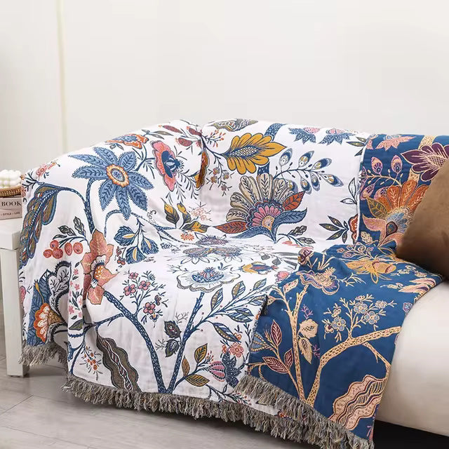 Floral Throw Blanket Cotton | Double-Sided Pattern, Decorative Tassel Trim | Adds Character to Bedroom or Sofa