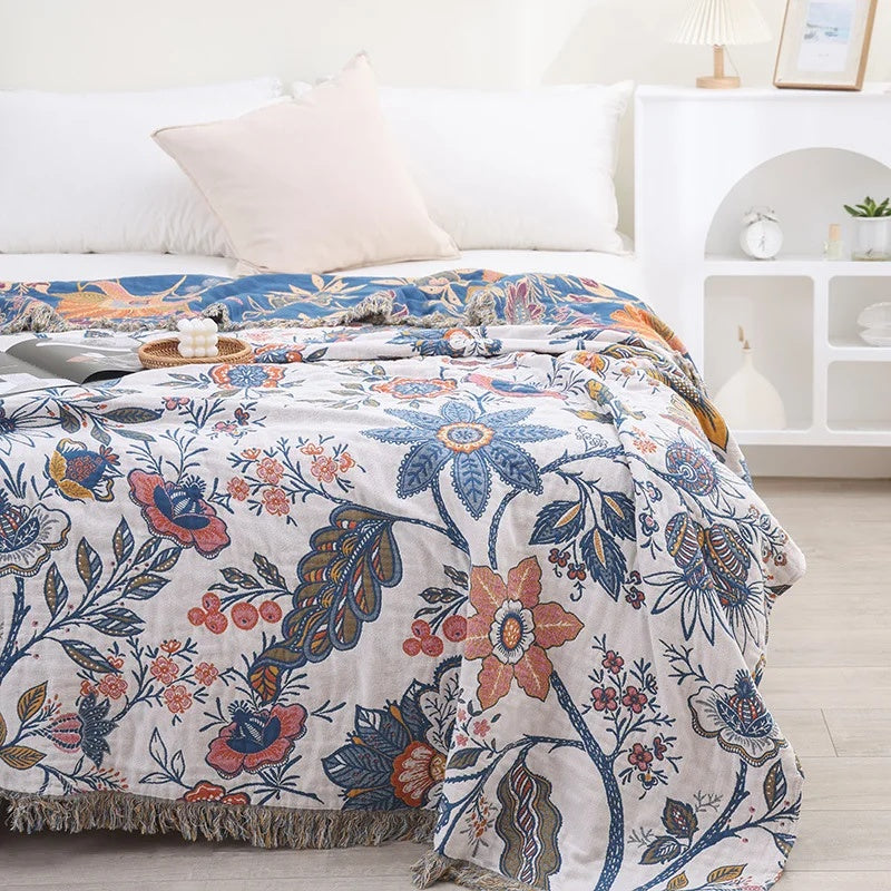 Floral Throw Blanket Cotton | Double-Sided Pattern, Decorative Tassel Trim | Adds Character to Bedroom or Sofa