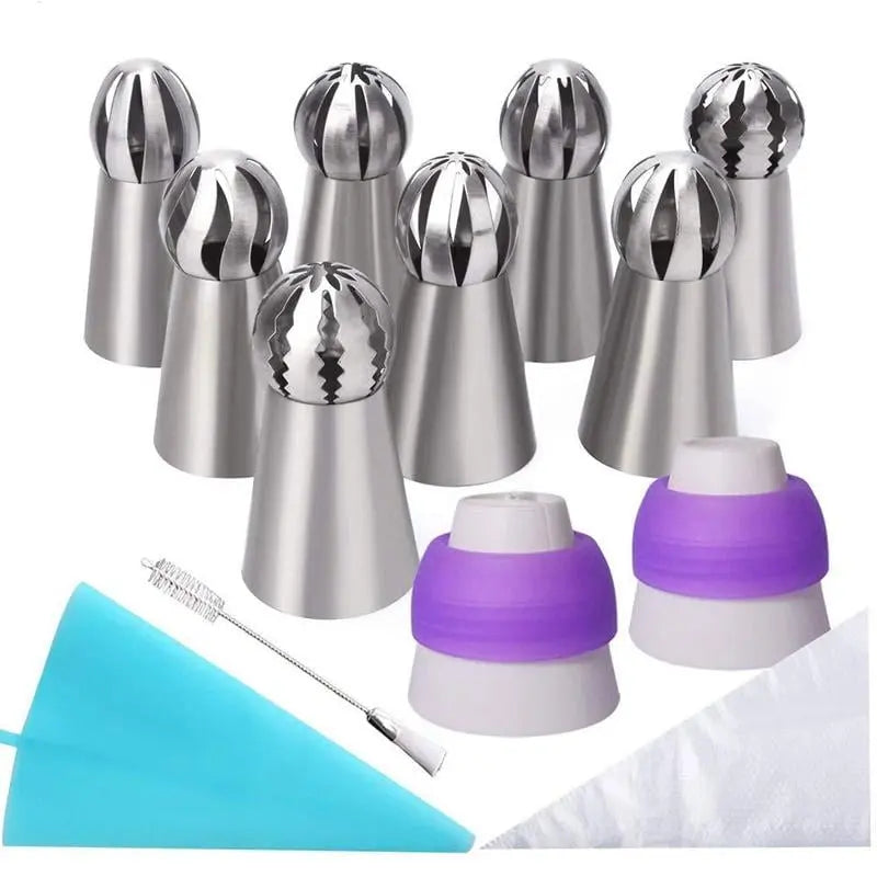 Flower Piping Nozzle Set Stainless Steel | 8 Nozzles, 2 Couplers, Reusable & Disposable Bags | Dishwasher Safe