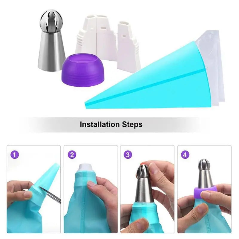 Flower Piping Nozzle Set Stainless Steel | 8 Nozzles, 2 Couplers, Reusable & Disposable Bags | Dishwasher Safe