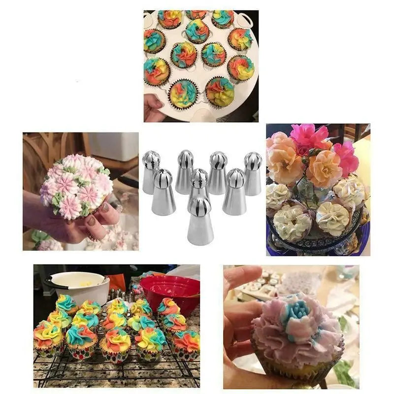 Flower Piping Nozzle Set Stainless Steel | 8 Nozzles, 2 Couplers, Reusable & Disposable Bags | Dishwasher Safe