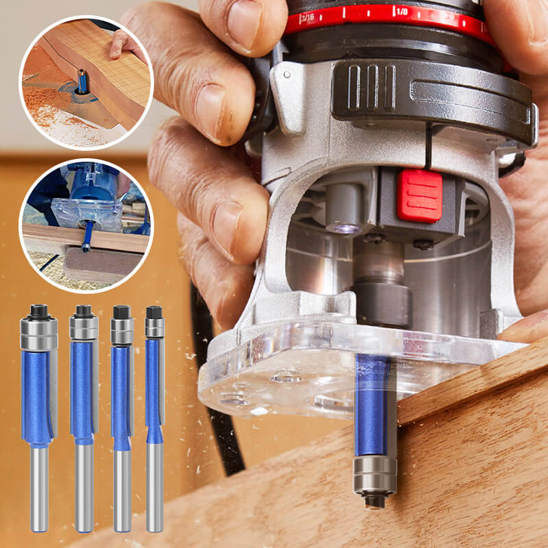 Flush Trim Router Bit Set 4 Pieces | Carbide Cutting Edge with Double Ball Bearing | Blue Nano-Coating for Longer Life