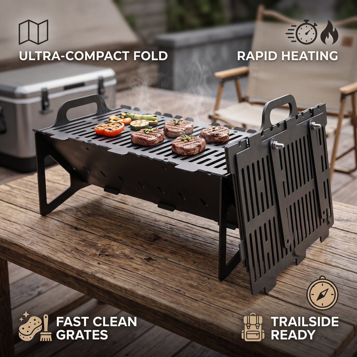 Foldable BBQ Grill Stainless Steel Grate | Portable Design for Tailgate, Camping & Apartments | Fast Preheat & Easy Cleanup