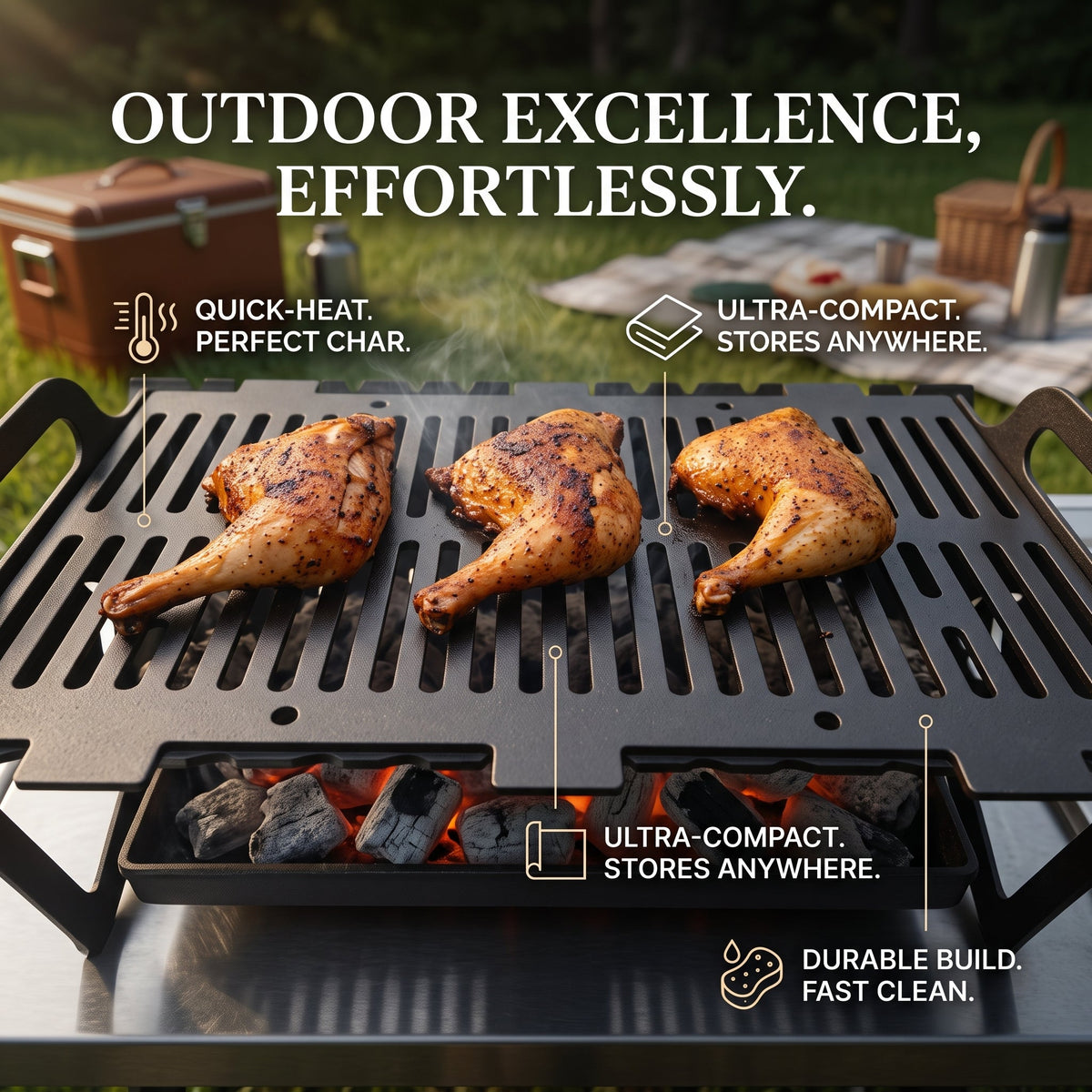 Foldable BBQ Grill Stainless Steel Grate | Portable Design for Tailgate, Camping & Apartments | Fast Preheat & Easy Cleanup