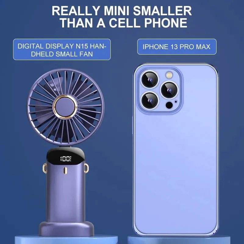 Foldable Neck Fan Handheld | 3-in-1 Desk Fan with LED Display and Phone Stand | 5-Speed Dual Battery USB Rechargeable