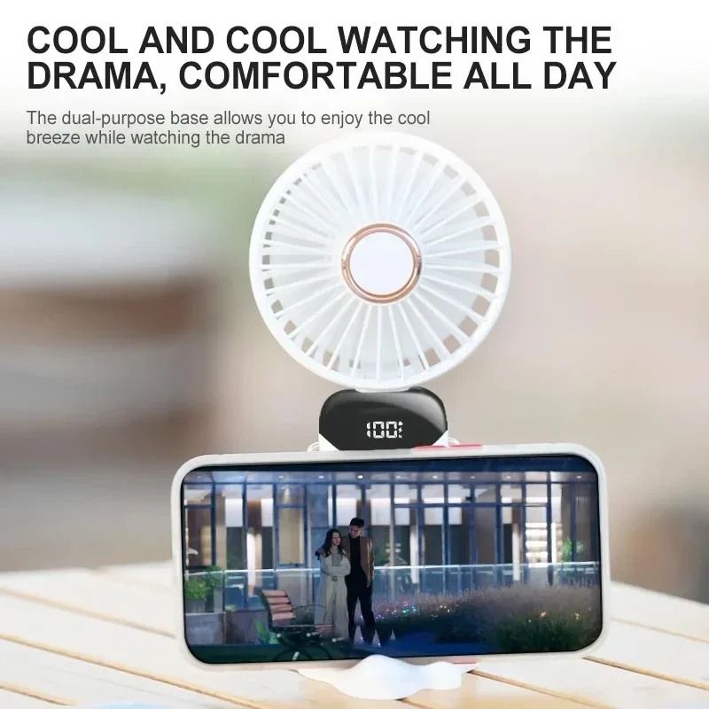 Foldable Neck Fan Handheld | 3-in-1 Desk Fan with LED Display and Phone Stand | 5-Speed Dual Battery USB Rechargeable