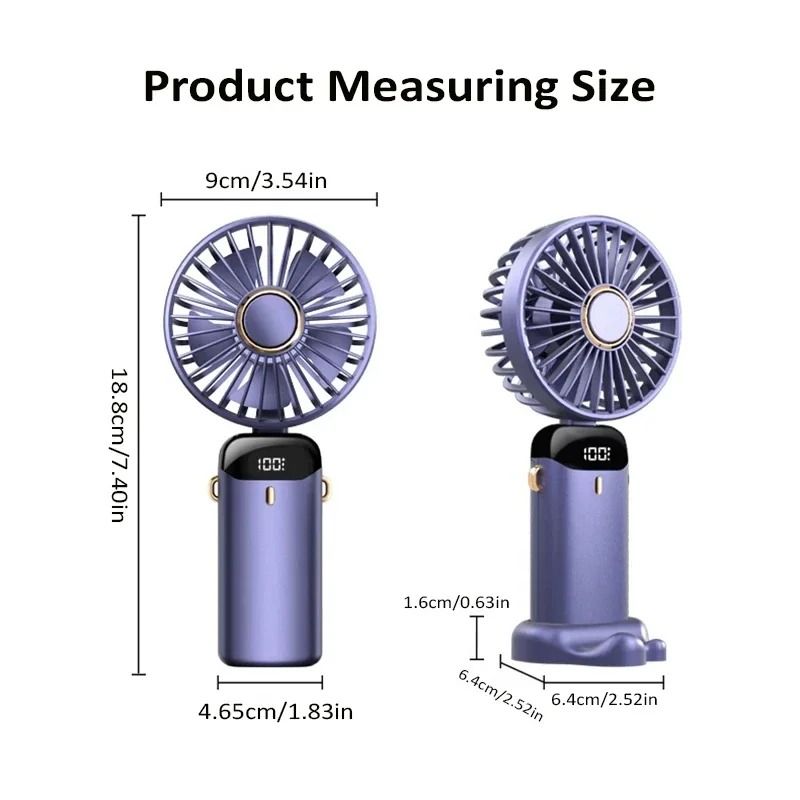 Foldable Neck Fan Handheld | 3-in-1 Desk Fan with LED Display and Phone Stand | 5-Speed Dual Battery USB Rechargeable