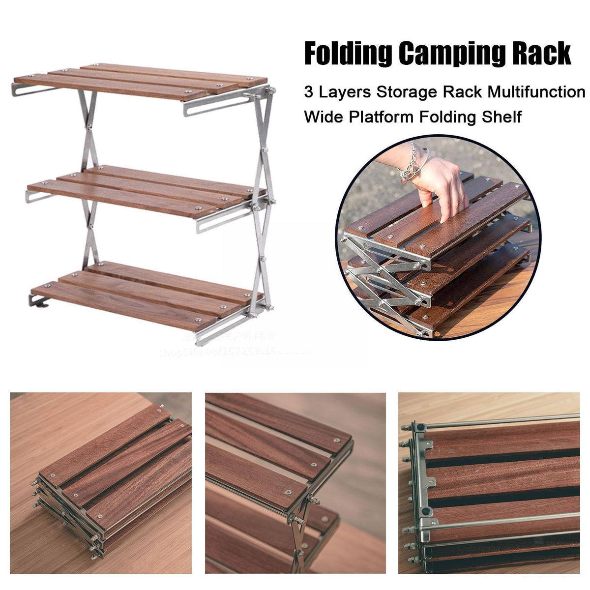Folding Storage Rack Wooden 3-Layer Space-Saving with Open Shelves