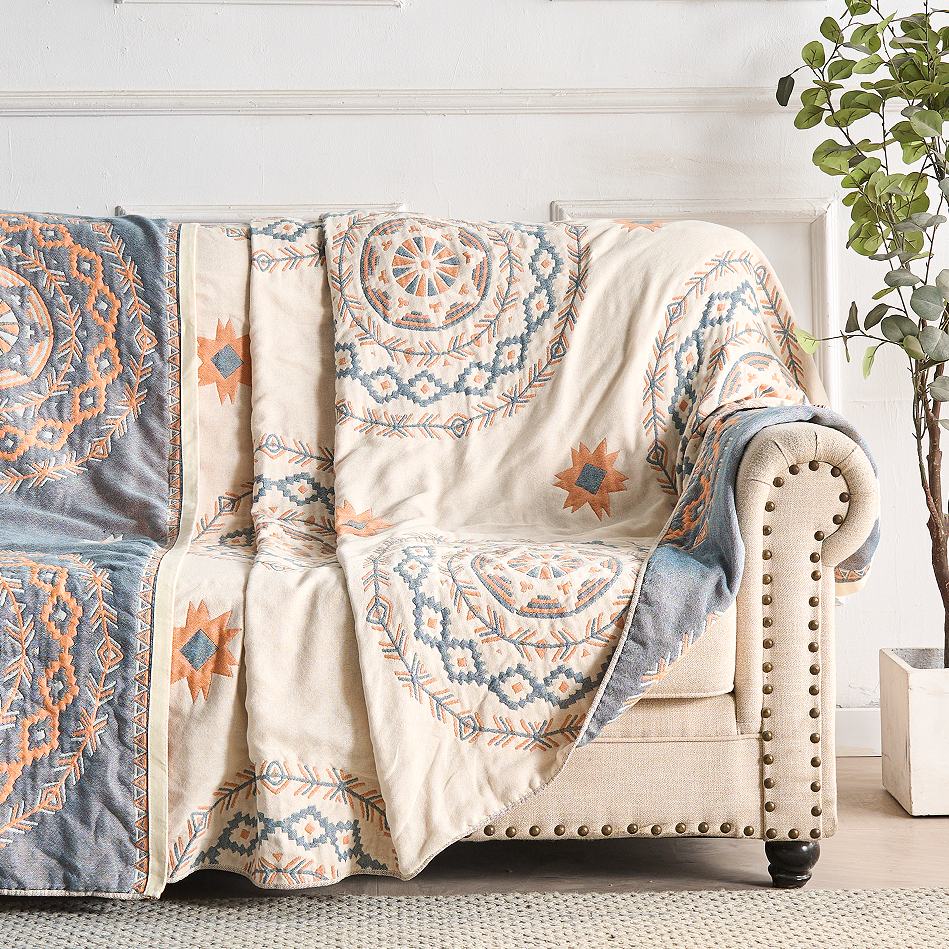 Geometric Throw Blanket Cotton | Double-Sided Reversible Pattern | Decorative Cover for Bed, Sofa, or Armchair