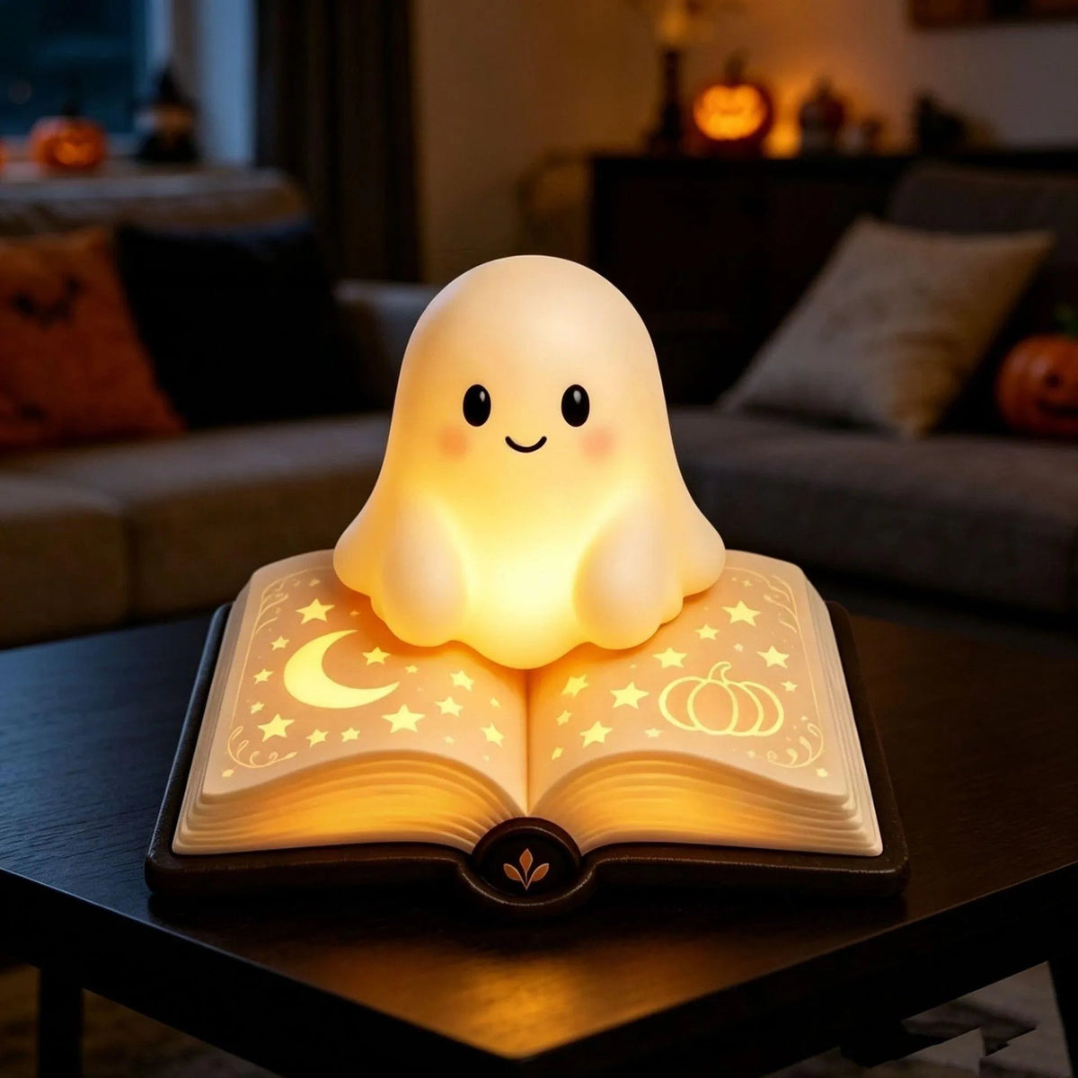 Ghost Lamp | Open Book Base, Lit Star And Moon Pages