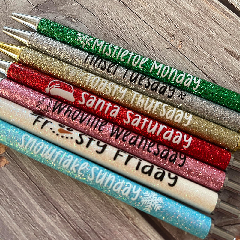 Glitter Ballpoint Pen Set for Christmas | 7-Pen Weekly Set with Daily Designs | Metal Build with Stainless Steel Tip