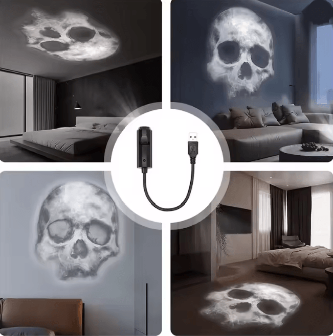 Halloween Skull Projection Night Light | Rotating Patterns for Walls & Ceilings | USB Powered, Multiple LED Modes