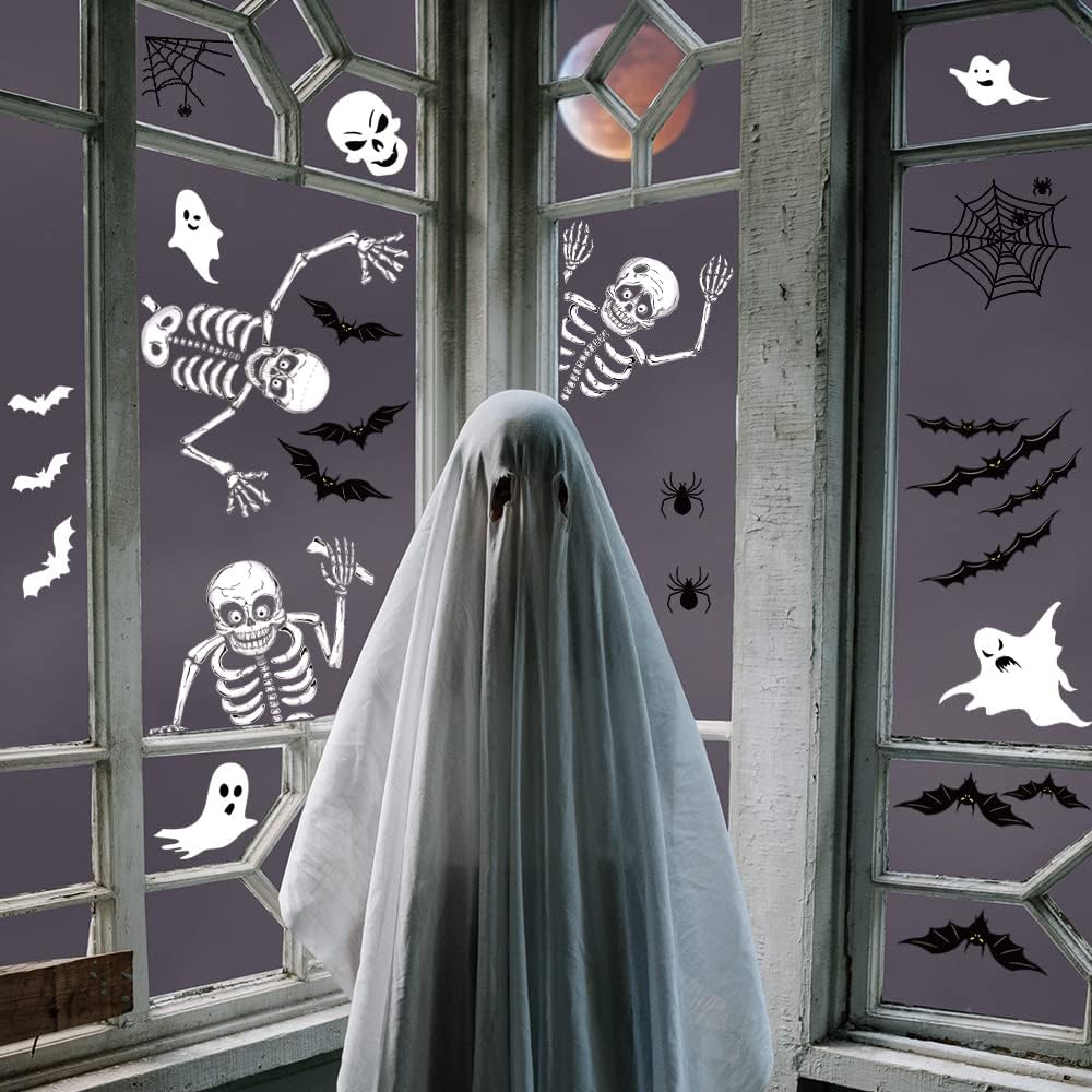 Halloween Window Clings | 140 Pieces on 8 Sheets | Double-Sided PVC, Reusable No-Glue Stickers for Windows & Glass Doors