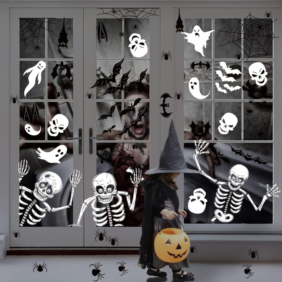 Halloween Window Clings | 140 Pieces on 8 Sheets | Double-Sided PVC, Reusable No-Glue Stickers for Windows & Glass Doors