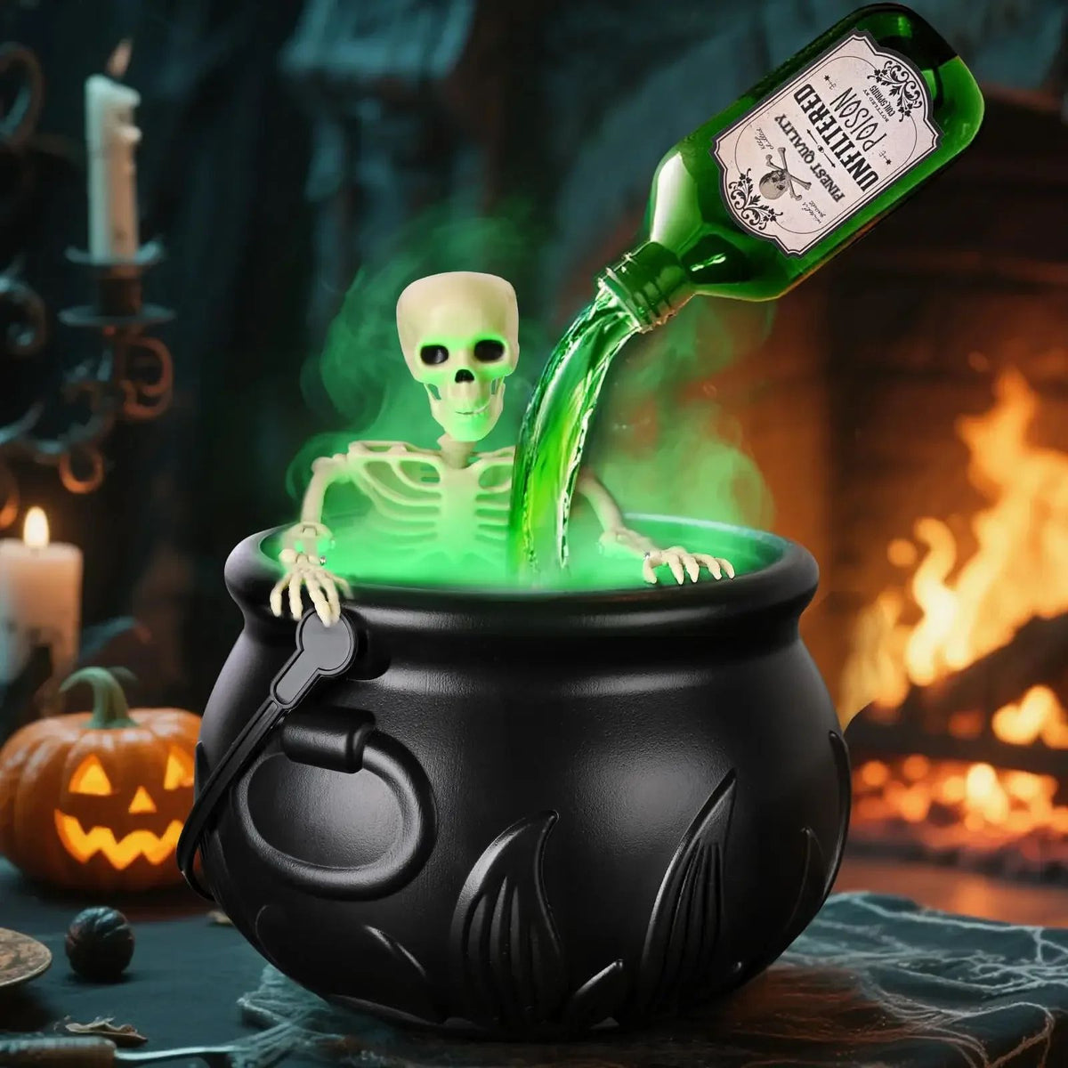 Halloween Witch Cauldron Fog Maker | LED Skeleton Mist Effect | Reusable Glowing Potion Decoration for Parties & Displays