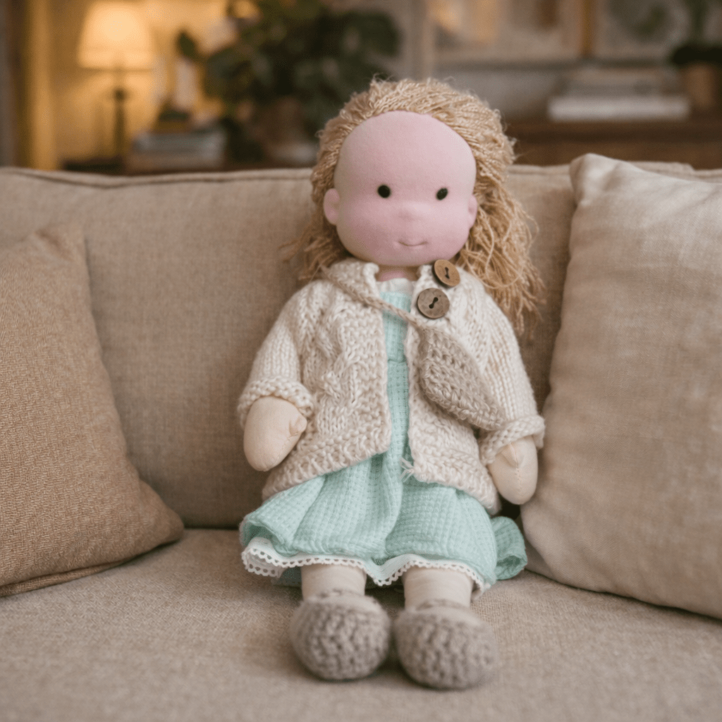 Handmade Waldorf Doll, Cotton & Plush| Minimalist Face for Imaginative Play | Sturdy Plastic Head, Cuddly Body