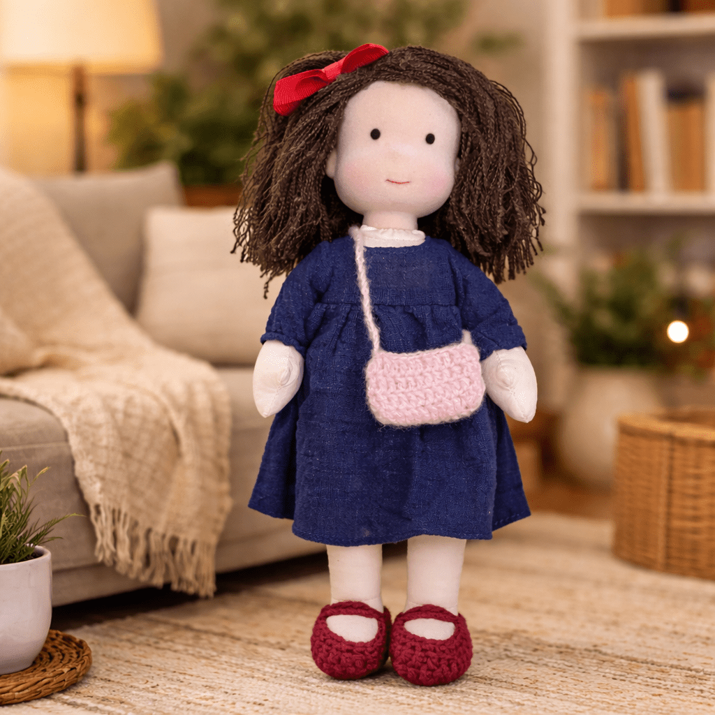 Handmade Waldorf Doll, Cotton & Plush| Minimalist Face for Imaginative Play | Sturdy Plastic Head, Cuddly Body
