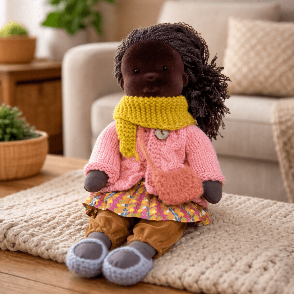 Handmade Waldorf Doll, Cotton & Plush| Minimalist Face for Imaginative Play | Sturdy Plastic Head, Cuddly Body