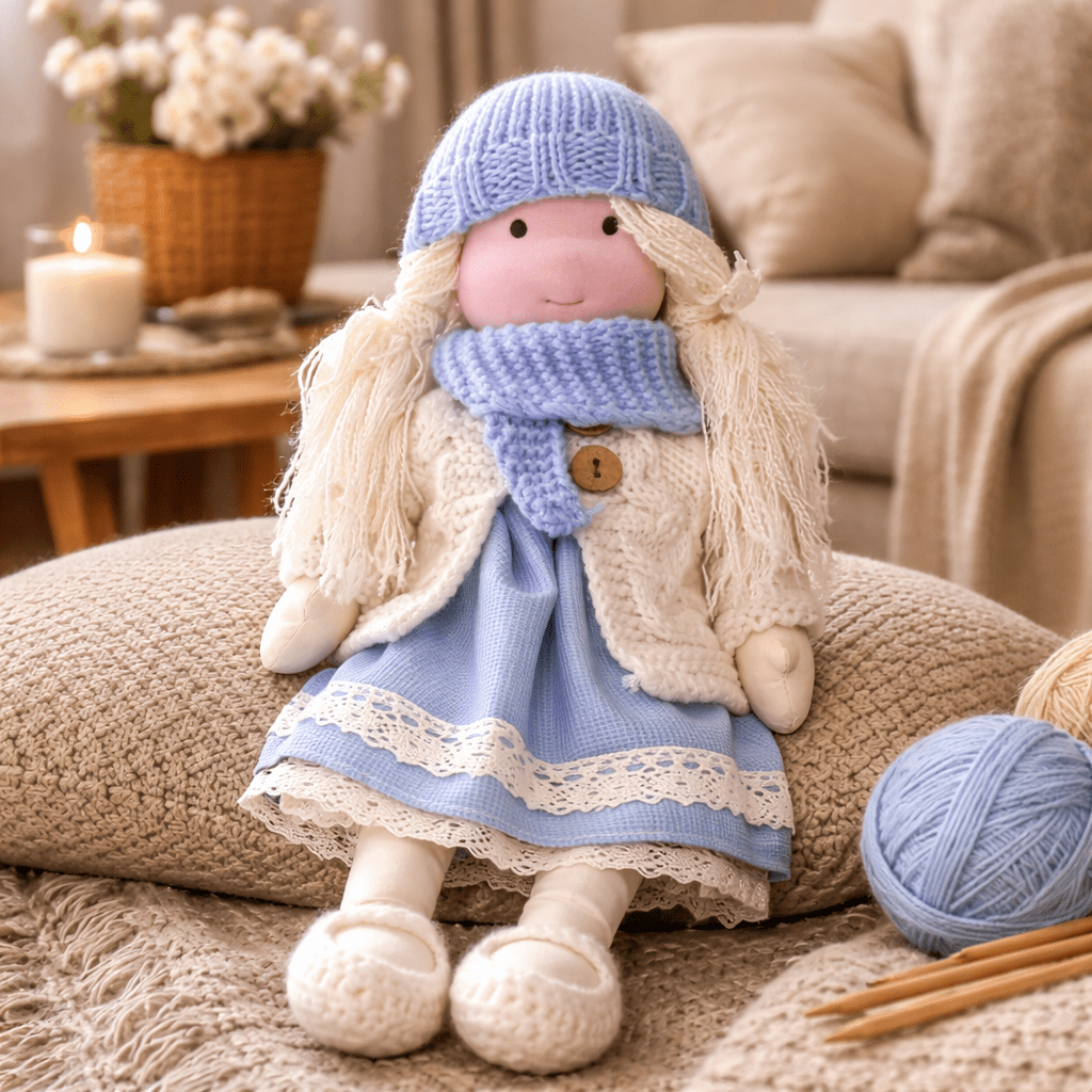 Handmade Waldorf Doll, Cotton & Plush| Minimalist Face for Imaginative Play | Sturdy Plastic Head, Cuddly Body