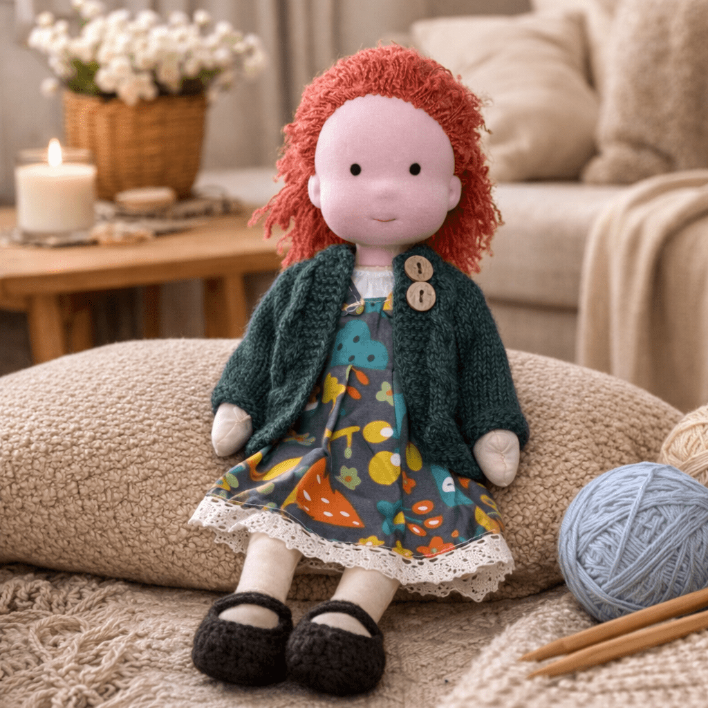 Handmade Waldorf Doll, Cotton & Plush| Minimalist Face for Imaginative Play | Sturdy Plastic Head, Cuddly Body