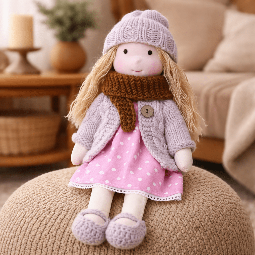 Handmade Waldorf Doll, Cotton & Plush| Minimalist Face for Imaginative Play | Sturdy Plastic Head, Cuddly Body