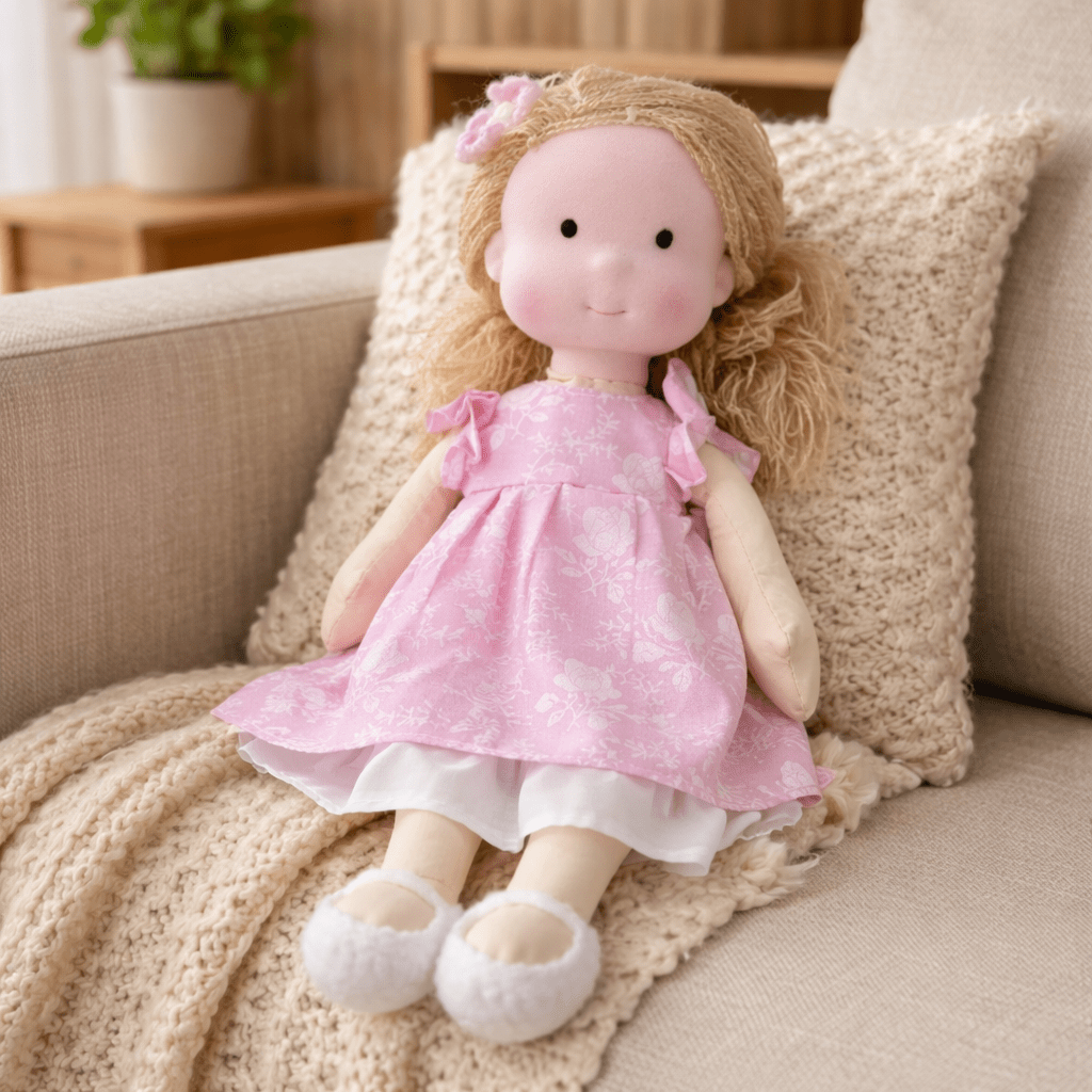 Handmade Waldorf Doll, Cotton & Plush| Minimalist Face for Imaginative Play | Sturdy Plastic Head, Cuddly Body
