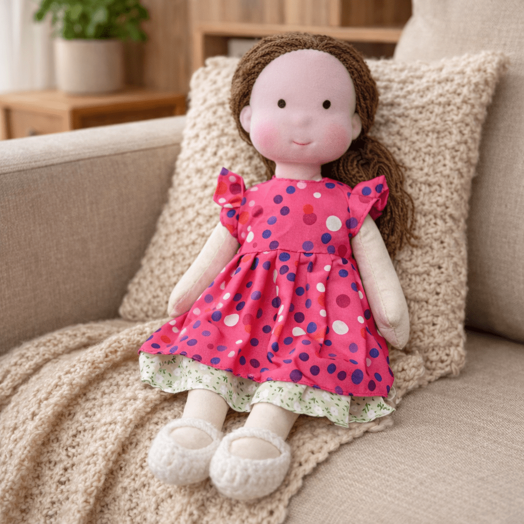 Handmade Waldorf Doll, Cotton & Plush| Minimalist Face for Imaginative Play | Sturdy Plastic Head, Cuddly Body