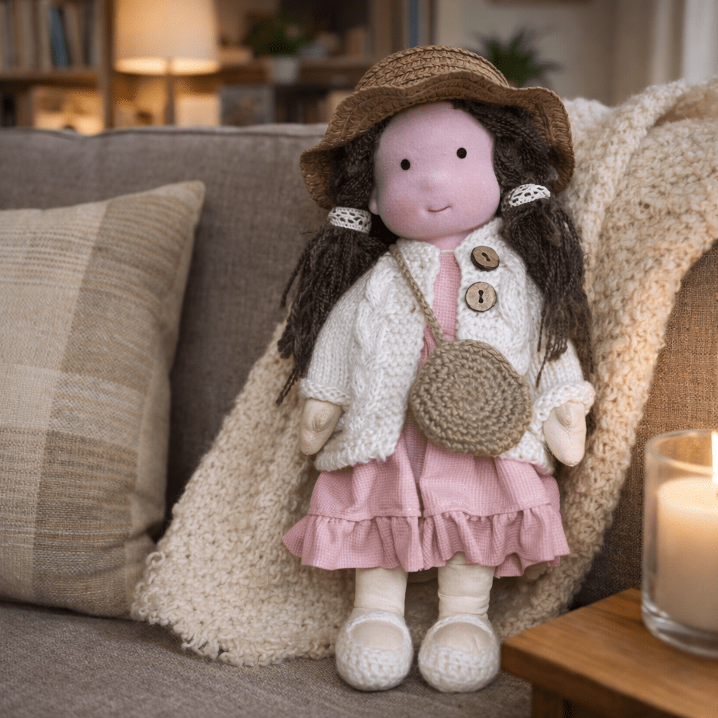 Handmade Waldorf Doll, Cotton & Plush| Minimalist Face for Imaginative Play | Sturdy Plastic Head, Cuddly Body