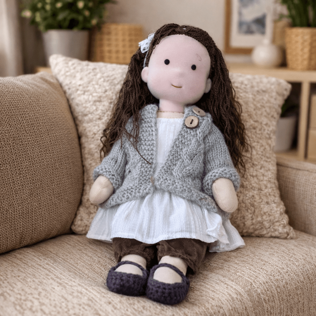 Handmade Waldorf Doll, Cotton & Plush| Minimalist Face for Imaginative Play | Sturdy Plastic Head, Cuddly Body