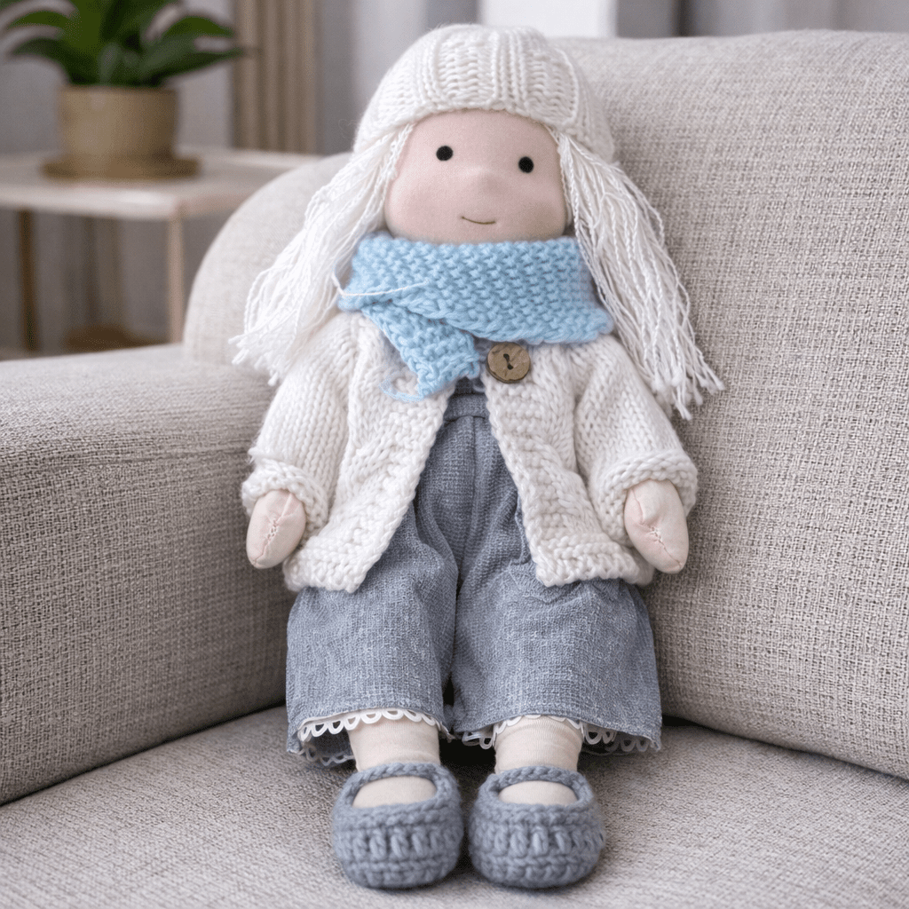 Handmade Waldorf Doll, Cotton & Plush| Minimalist Face for Imaginative Play | Sturdy Plastic Head, Cuddly Body