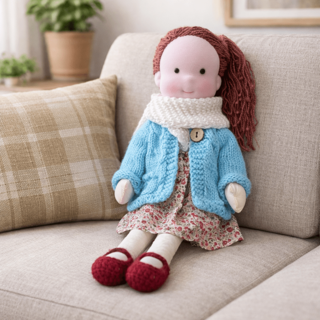 Handmade Waldorf Doll, Cotton & Plush| Minimalist Face for Imaginative Play | Sturdy Plastic Head, Cuddly Body