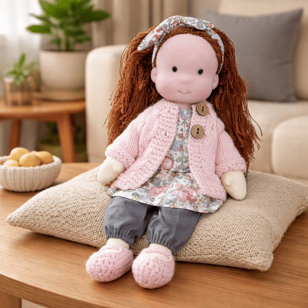 Handmade Waldorf Doll, Cotton & Plush| Minimalist Face for Imaginative Play | Sturdy Plastic Head, Cuddly Body
