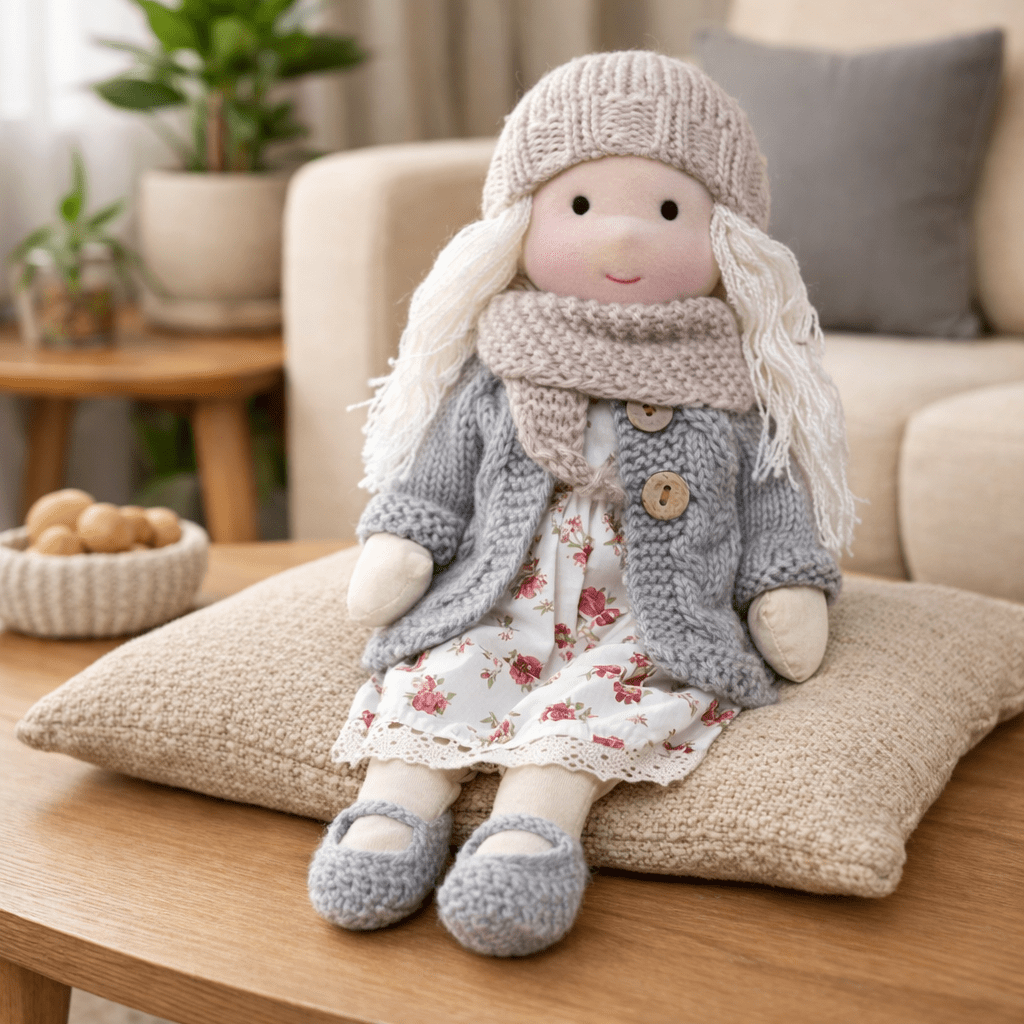 Handmade Waldorf Doll, Cotton & Plush| Minimalist Face for Imaginative Play | Sturdy Plastic Head, Cuddly Body