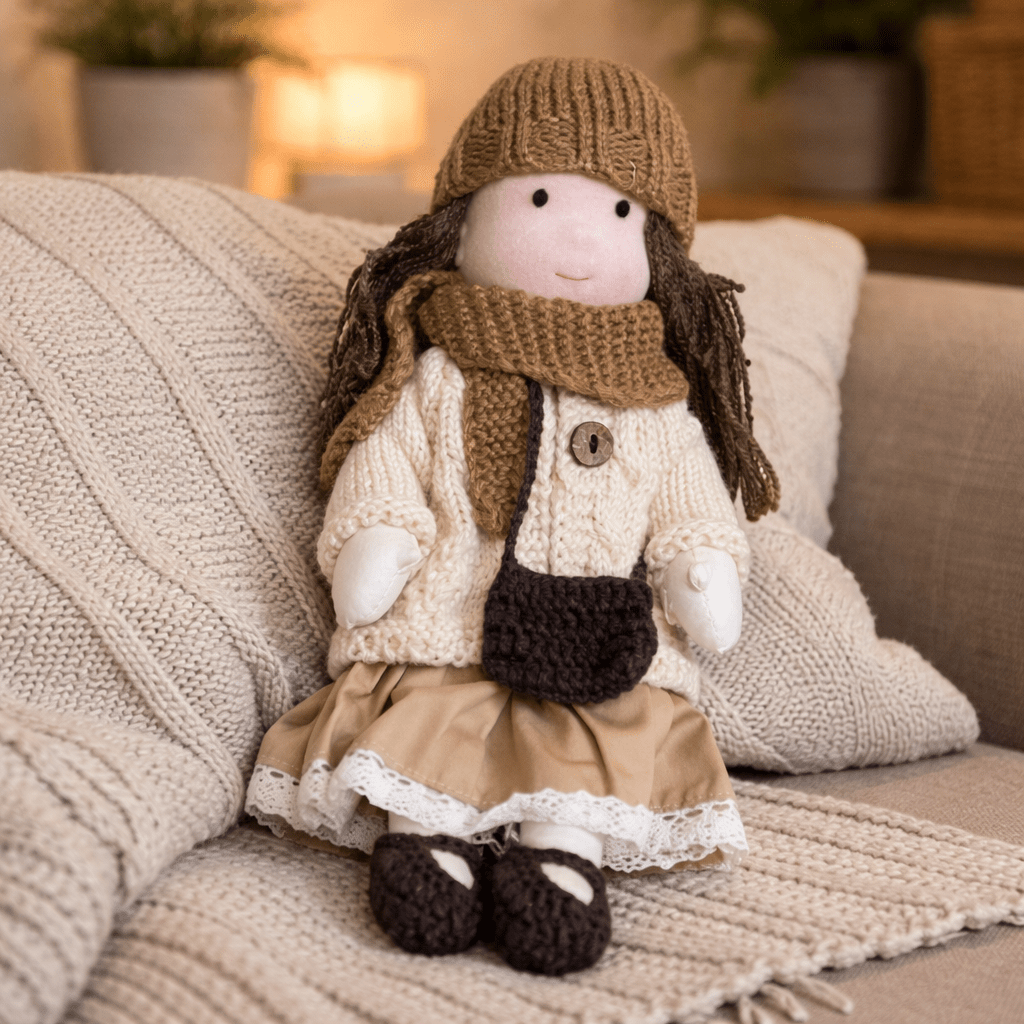Handmade Waldorf Doll, Cotton & Plush| Minimalist Face for Imaginative Play | Sturdy Plastic Head, Cuddly Body