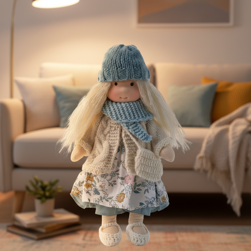 Handmade Waldorf Doll, Cotton & Plush| Minimalist Face for Imaginative Play | Sturdy Plastic Head, Cuddly Body