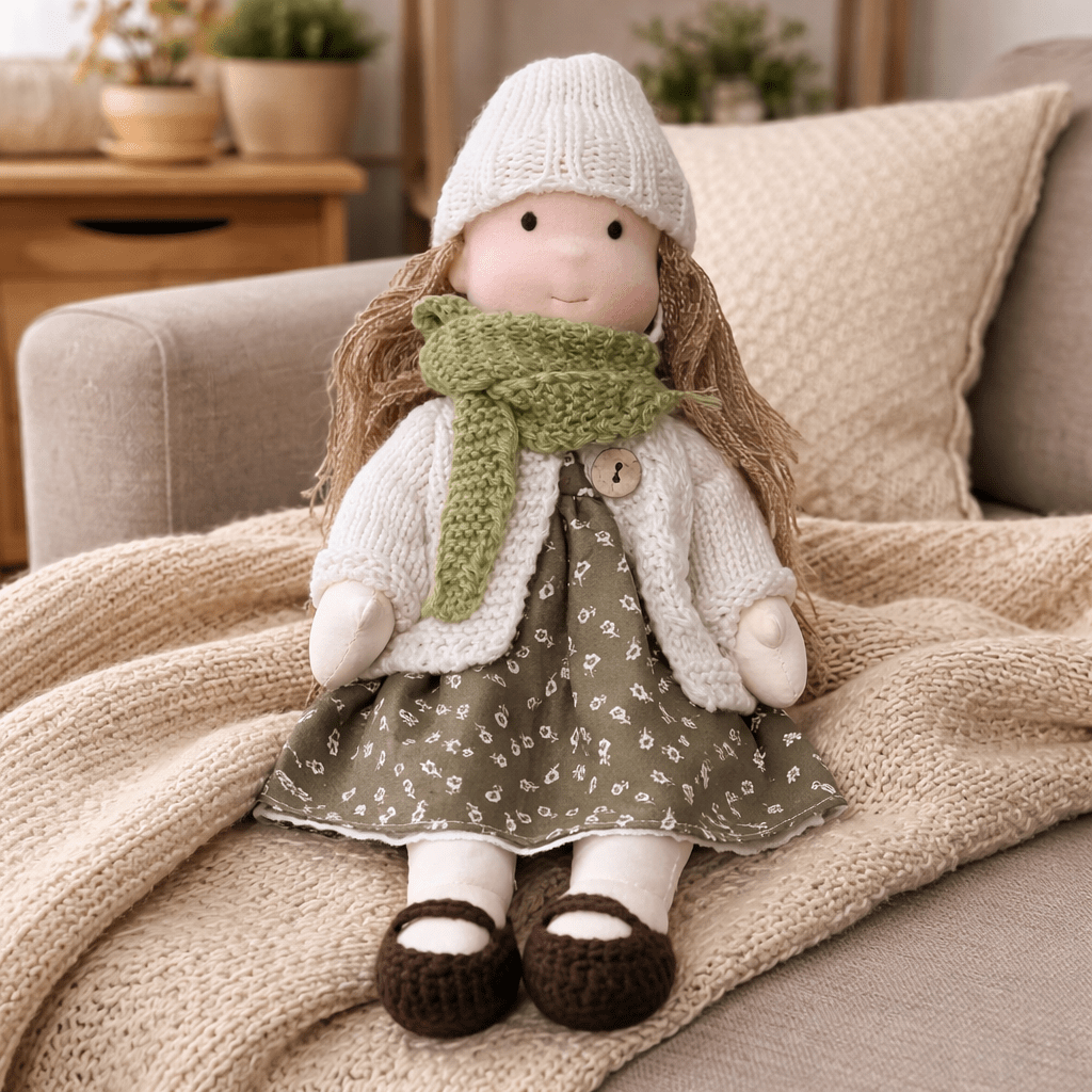 Handmade Waldorf Doll, Cotton & Plush| Minimalist Face for Imaginative Play | Sturdy Plastic Head, Cuddly Body