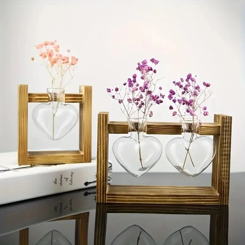 Heart Shaped Glass Vase with Wooden Frame | Hydroponic Propagation Stand for Cuttings | Clear Design Shows Root Growth
