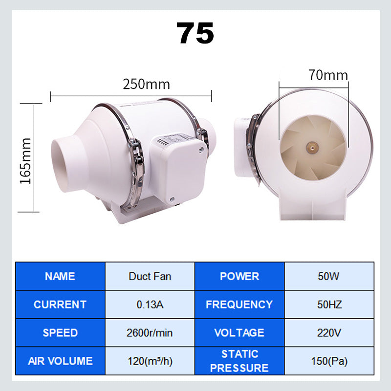 Inline Duct Fan DPT-75 DPT-100 | 220V EU / 110V US Waterproof | Whisper-Quiet Airflow for Bathroom, Kitchen, Attic