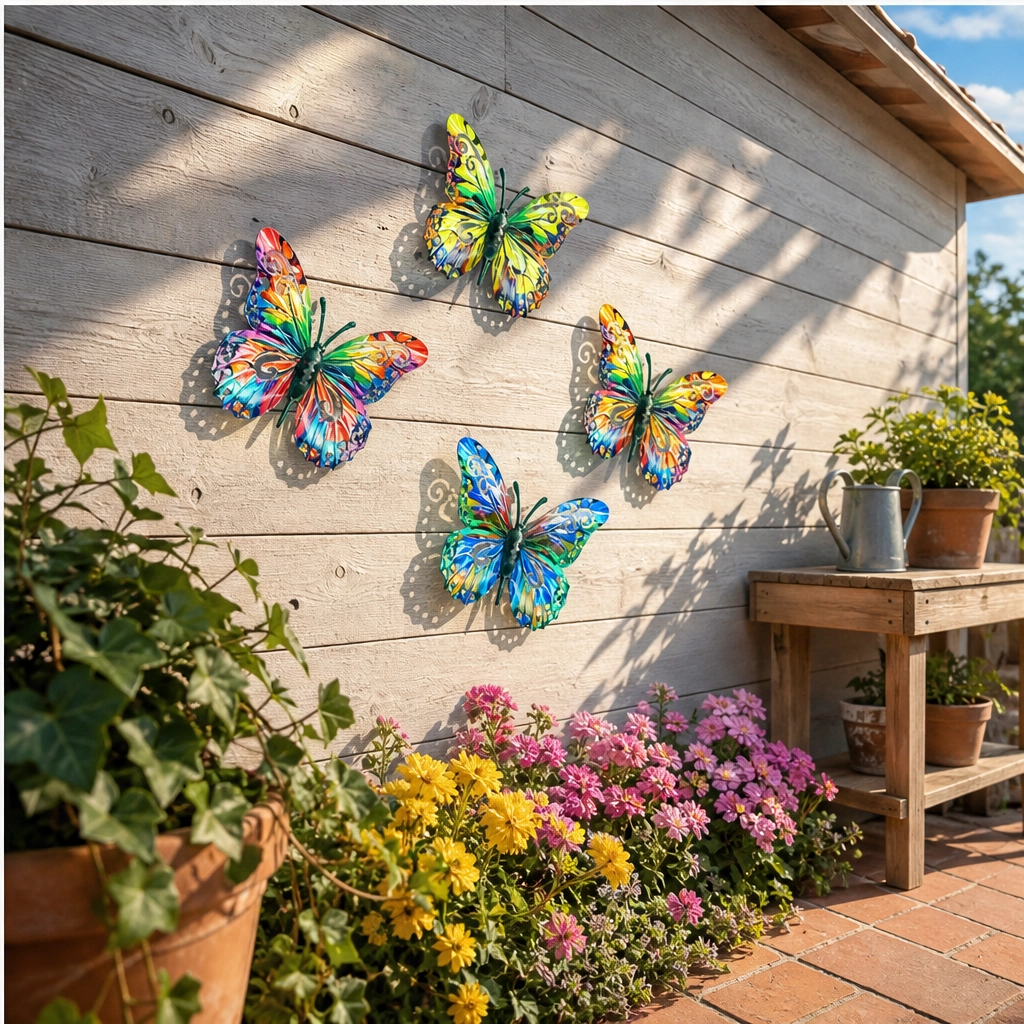 Iron Butterfly Garden Wall Decor Set of 4 | Hand-Painted Weatherproof Sealed Finish | Hooks Included, No Tools Needed