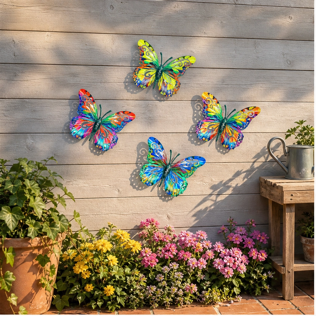 Iron Butterfly Garden Wall Decor Set of 4 | Hand-Painted Weatherproof Sealed Finish | Hooks Included, No Tools Needed