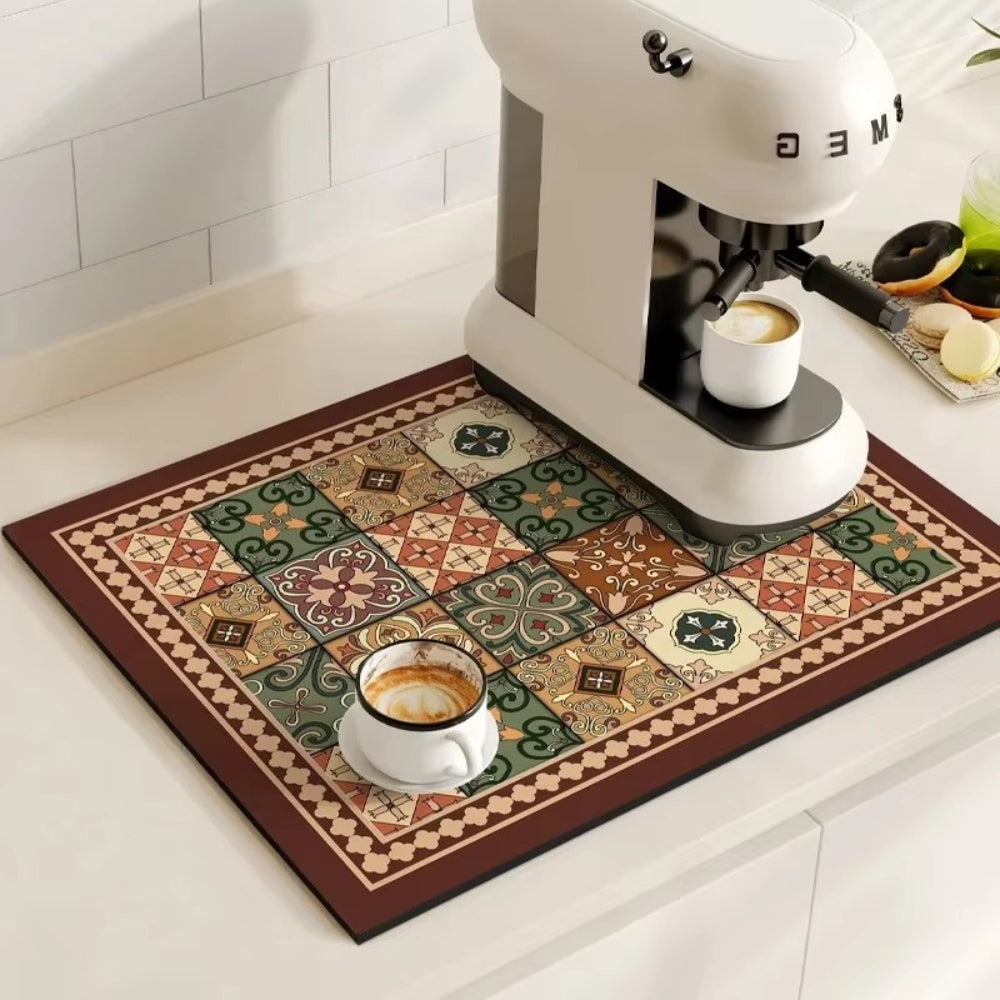 Kitchen Counter Mat | Retro Tile Print, Absorbent Surface