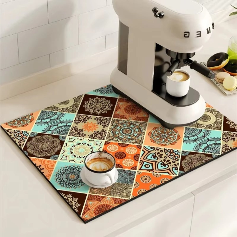 Kitchen Counter Mat | Retro Tile Print, Absorbent Surface