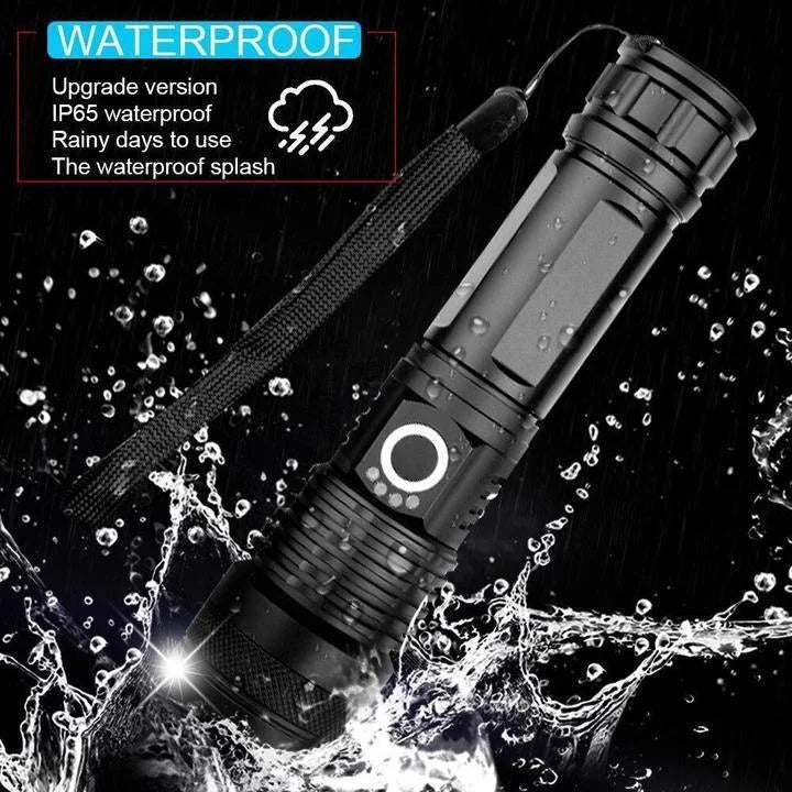 LED Flashlight XHP50 | Zoomable, 3 Modes, Up to 90000 Lumens | USB Rechargeable 18650/26650 Battery, IPX-6 Water-Resistant