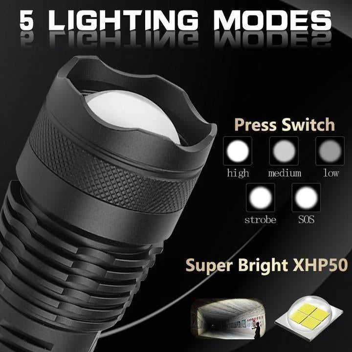 LED Flashlight XHP50 | Zoomable, 3 Modes, Up to 90000 Lumens | USB Rechargeable 18650/26650 Battery, IPX-6 Water-Resistant