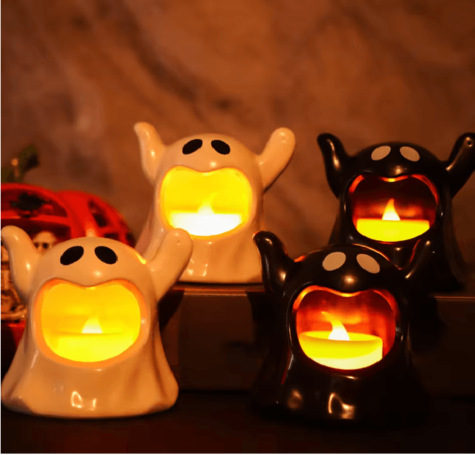 LED Ghost Candle Light Halloween Decoration | Flameless Flickering Battery Powered Light | Cool-Touch Safe Ambient Glow