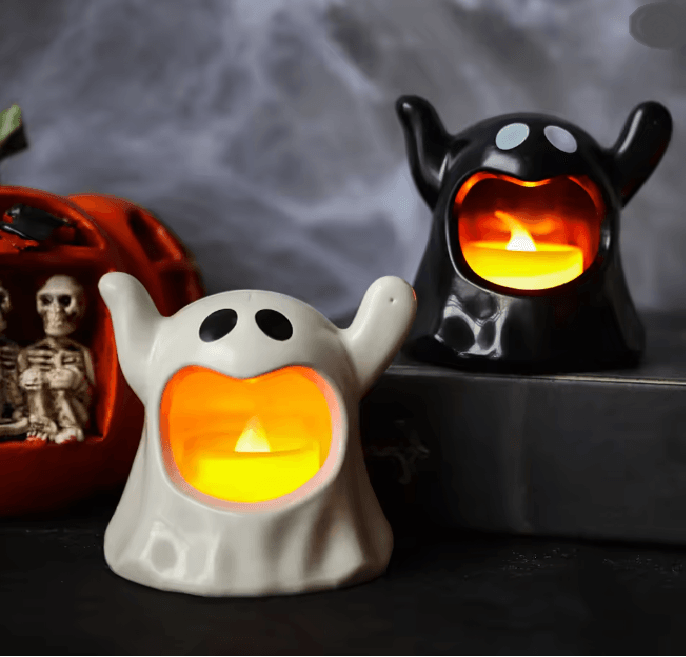 LED Ghost Candle Light Halloween Decoration | Flameless Flickering Battery Powered Light | Cool-Touch Safe Ambient Glow