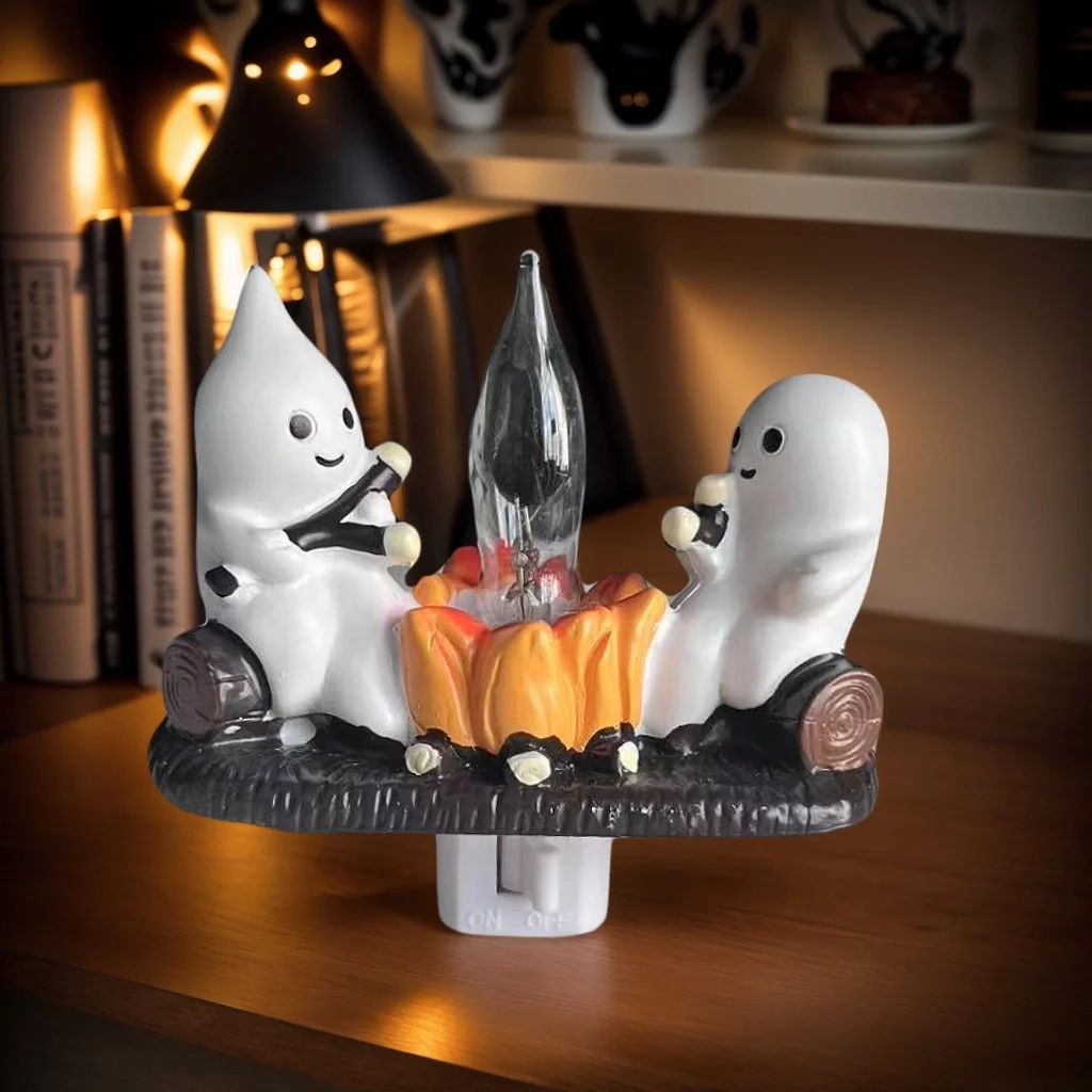 LED Ghost Figurine Halloween Decor | Flickering Warm Fire-Light Effect | Reusable Battery-Operated Resin Decoration