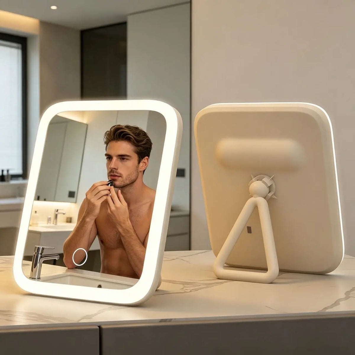 LED Makeup Mirror ABS Plastic 18 x 14 cm | White & Pink | USB Rechargeable Touch Control, 3 Color Lighting Modes