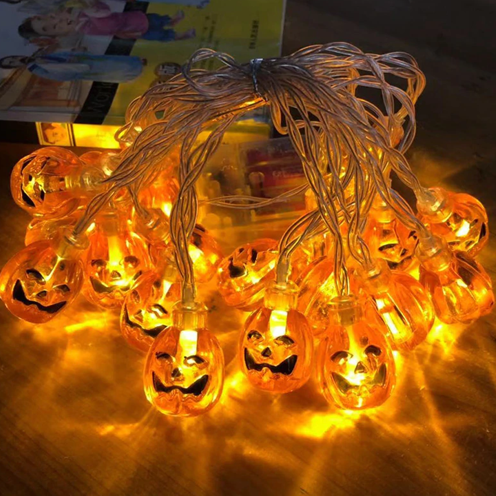 LED Pumpkin String Lights for Halloween | Battery-Powered with Carved Smiley Faces | Warm Glow Indoor Outdoor Decor