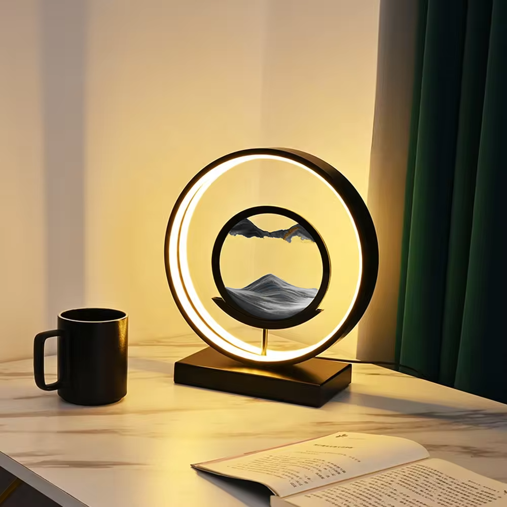 LED Sand Art Lamp with Aluminium Frame | Dimmable Light Ring & Remote Control | Moving Sand Disc for Calming Ambient Décor